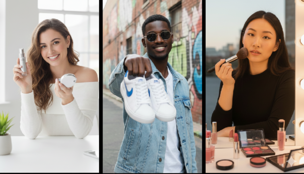 A professional, high-resolution 16:9 landscape image designed for a marketing banner. It features three separate vignettes: (1) A female creator holding a cosmetic product, (2) A male creator displaying a pair of sneakers, and (3) A female creator applying makeup. This visual collage highlights the diverse product niches supported by the Arcades AI platform.