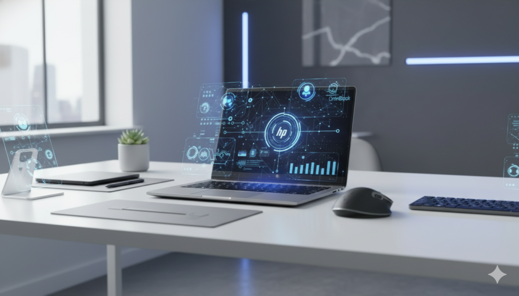 HP OmniBook AI PC laptop with AI features on a modern desk, showcasing smart computing and AI-powered performance