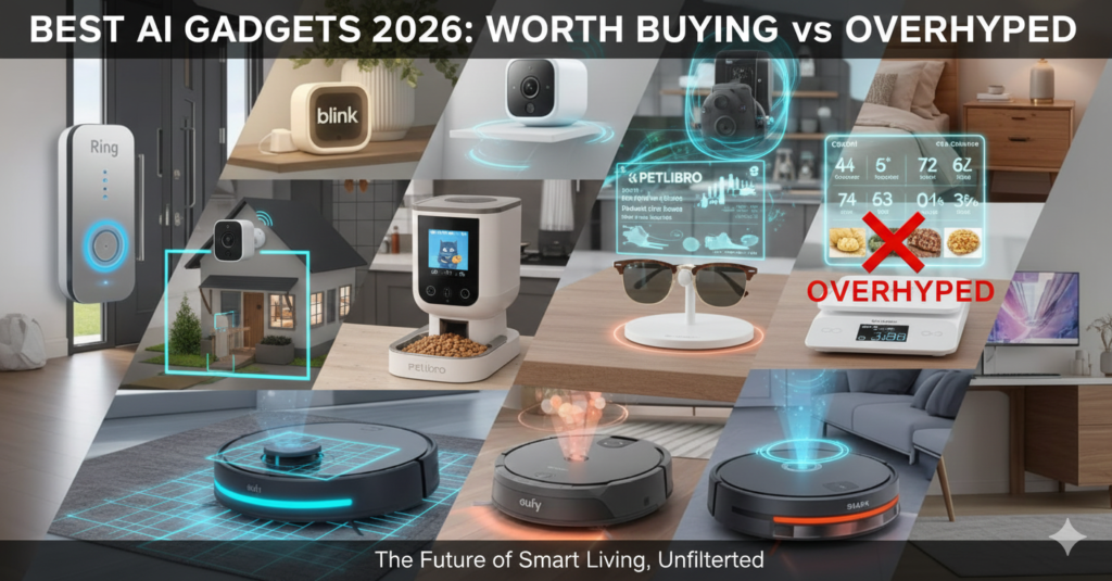 Collage of the best AI gadgets for 2026: Ray-Ban Meta smart glasses, Blink security camera, PETLIBRO cat feeder, Cosori kitchen scale, and MAMNV robot vacuum